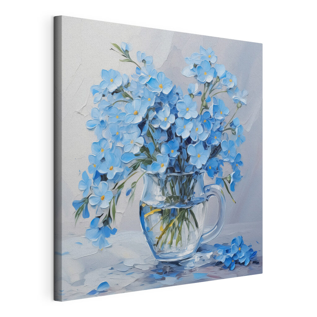Painting of blue flowers in a glass vase Painting of blue flowers in a glass vase
