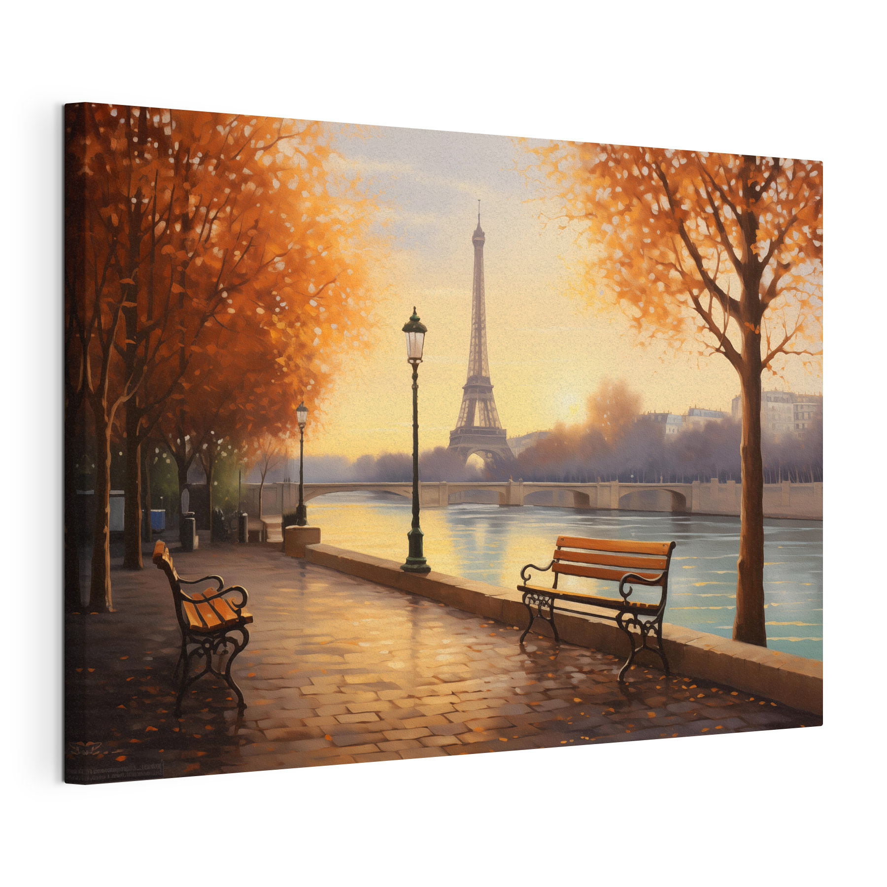 Bench and a river with trees and a tower in the background