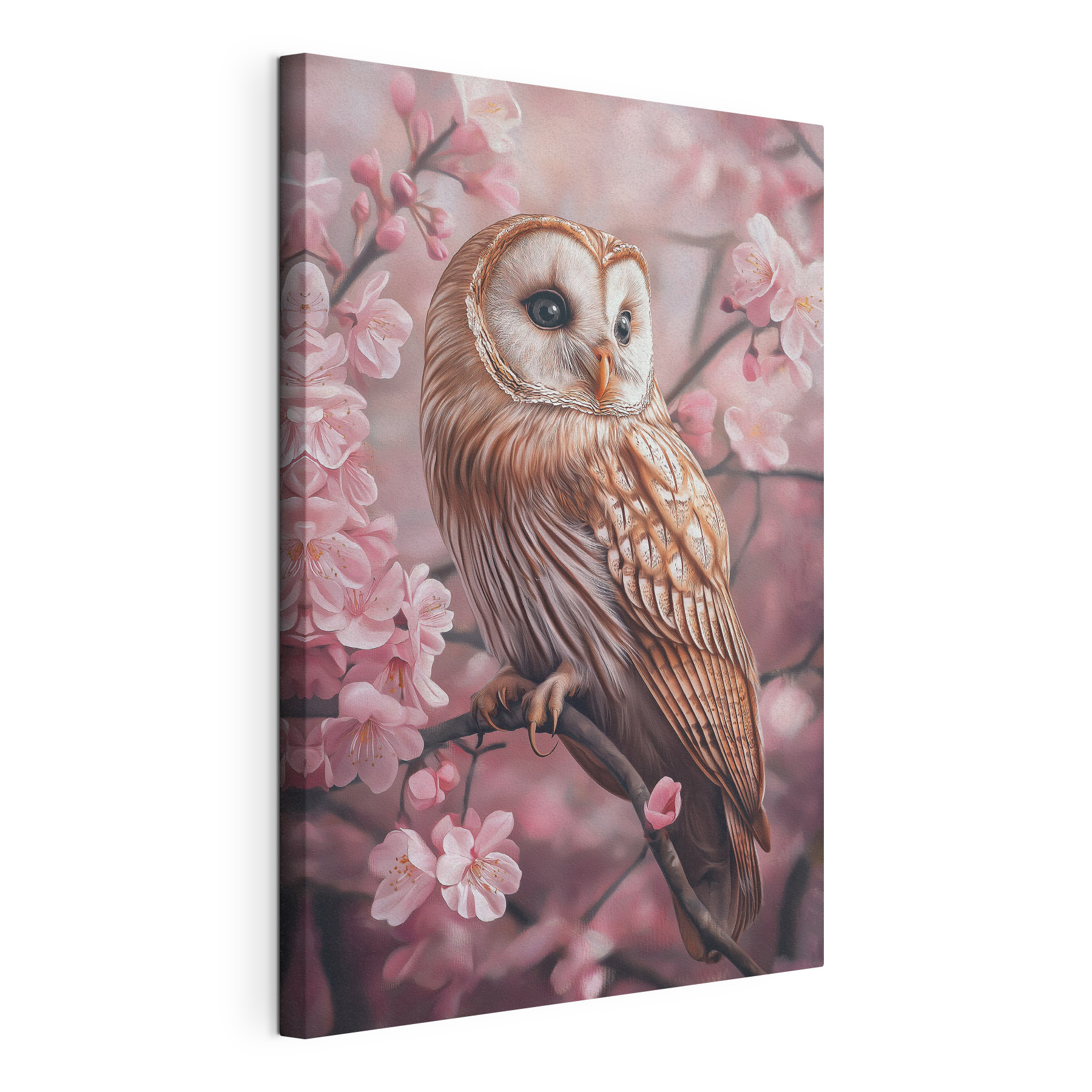 Owl sitting on a branch with pink flowers
