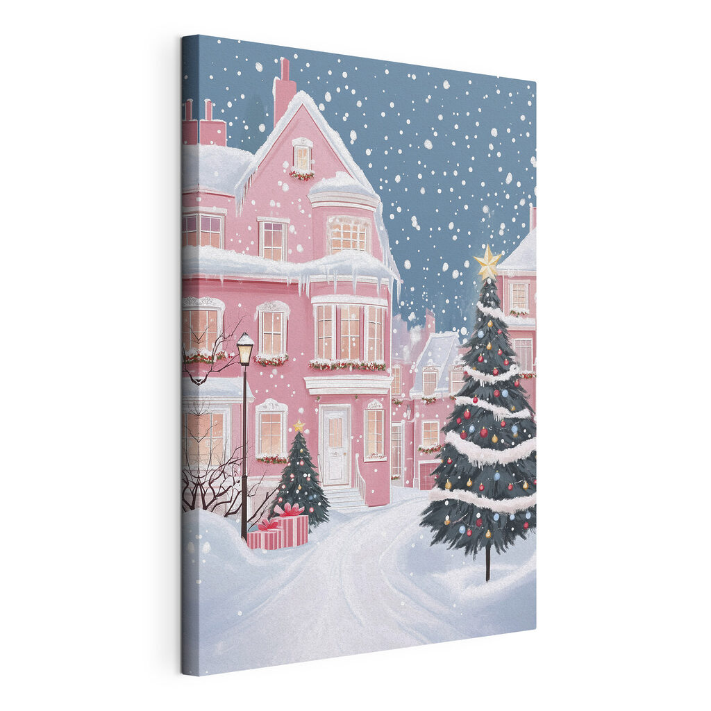 Christmas tree in front of a pink house Christmas tree in front of a pink house