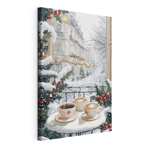 Couple of cups of coffee on a balcony with snow and buildings Couple of cups of coffee on a balcony with snow and buildings