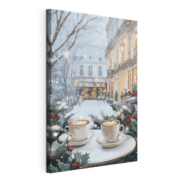 Tableaux Tableaux Deux tasses de café sur une table devant une rue enneigée (UGS : s42797)