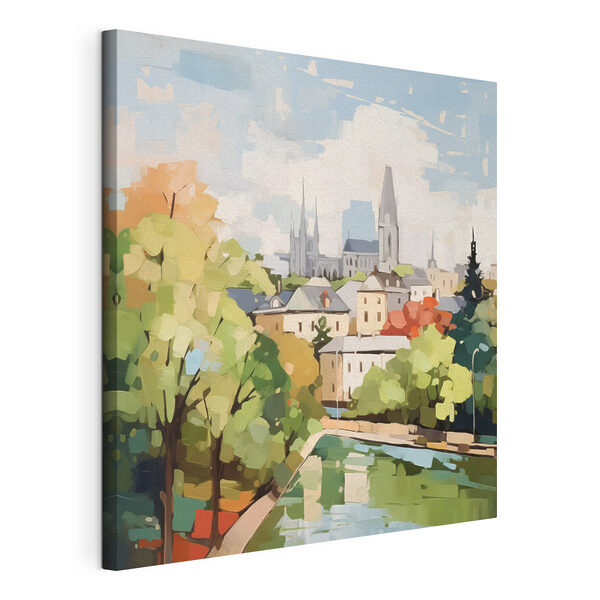 Tableaux Peinture d'une ville avec des arbres et une rivière