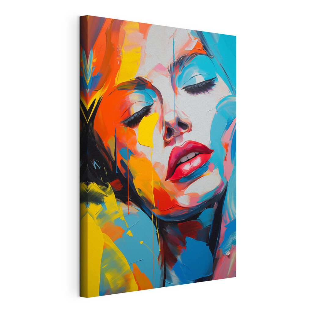 Painting of a woman with colorful paint on her face