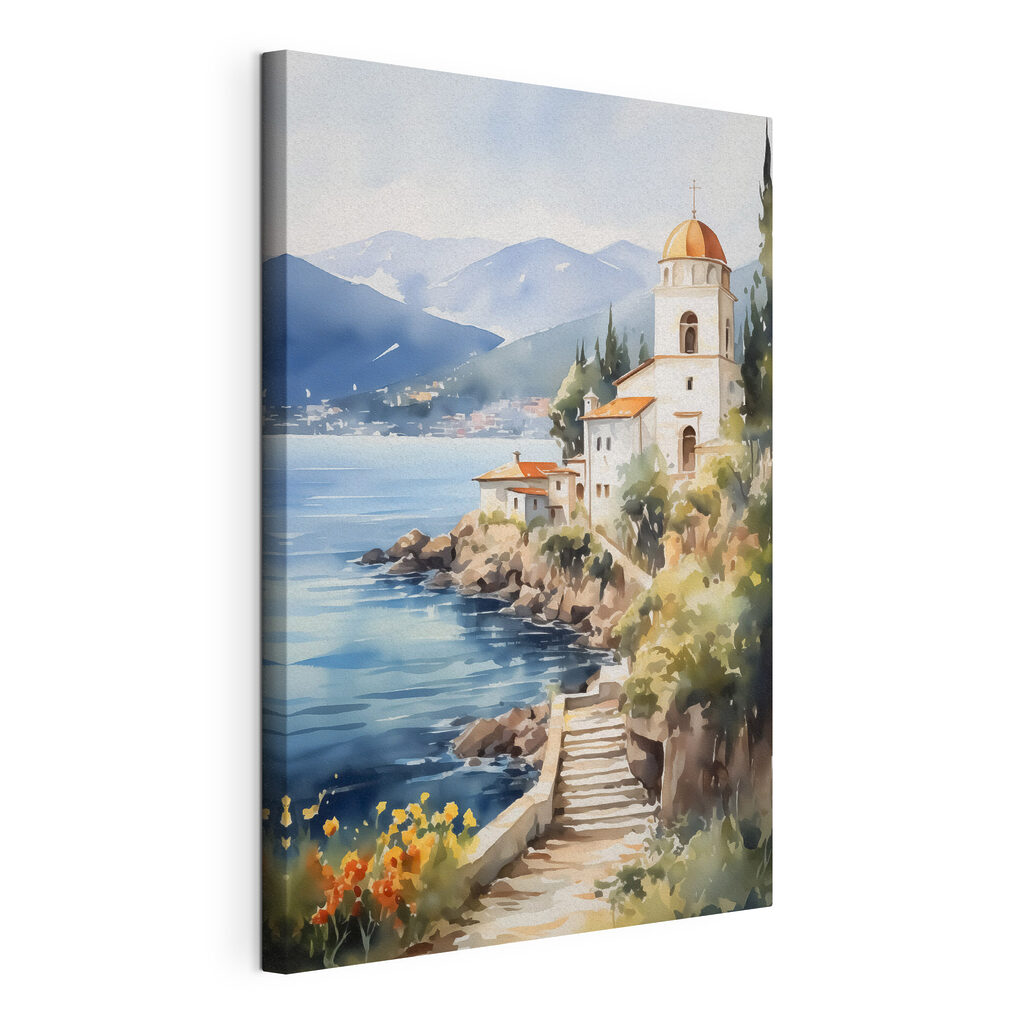 Watercolor painting of a building on a cliff by a body of water Watercolor painting of a building on a cliff by a body of water