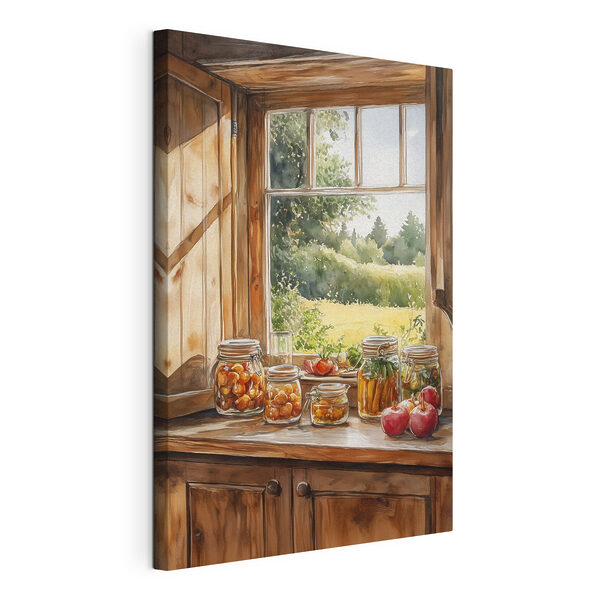 Aquarelle de bocaux de nourriture sur un rebord de fenêtre Tableaux Aquarelle de bocaux de nourriture sur un rebord de fenêtre