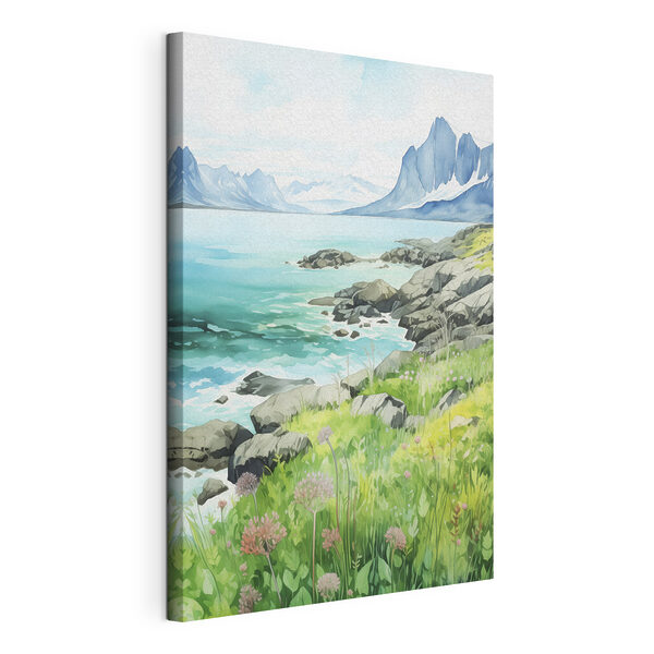 Tableaux Aquarelle d'un rivage rocheux avec des montagnes et un ciel bleu (UGS : s43188) Tableaux Tableaux Aquarelle d'un rivage rocheux avec des montagnes et un ciel bleu (UGS : s43188)