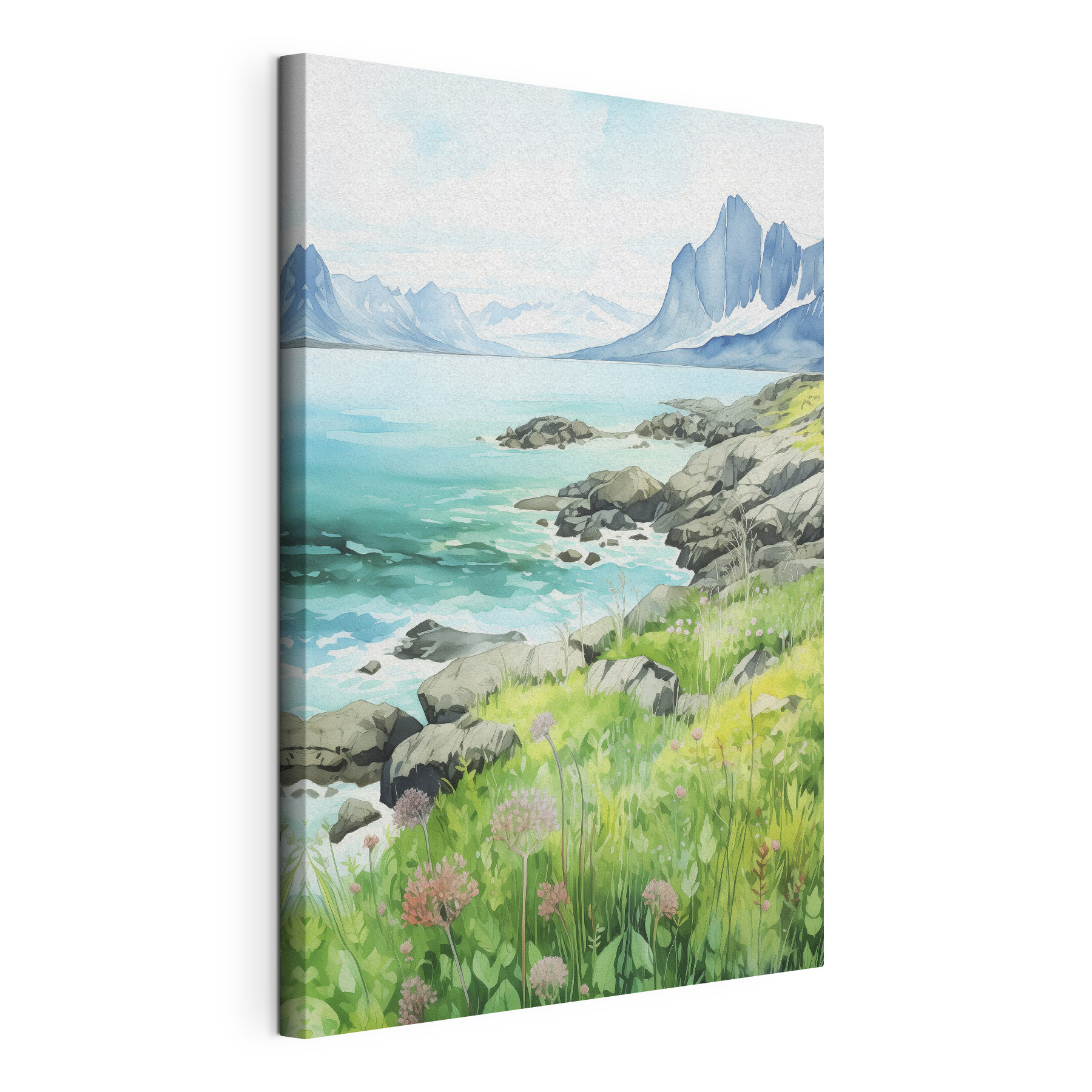 Watercolor painting of a rocky shore with mountains and a blue sky Watercolor painting of a rocky shore with mountains and a blue sky