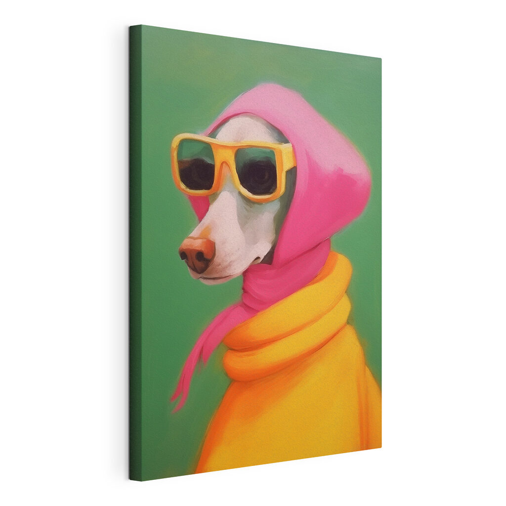 Dog wearing a pink scarf and sunglasses