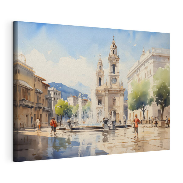 Tableaux Aquarelle d'un bâtiment avec une fontaine devant celui-ci