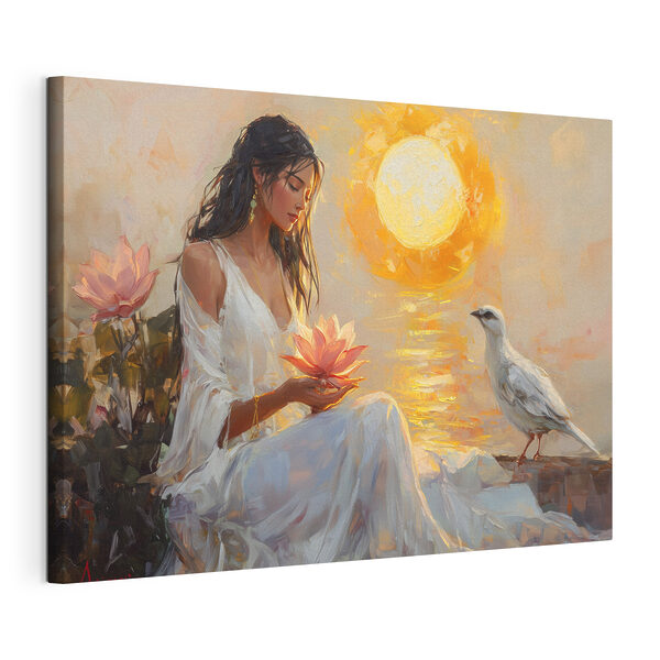 Peinture d'une femme tenant une fleur et un oiseau Tableaux Peinture d'une femme tenant une fleur et un oiseau