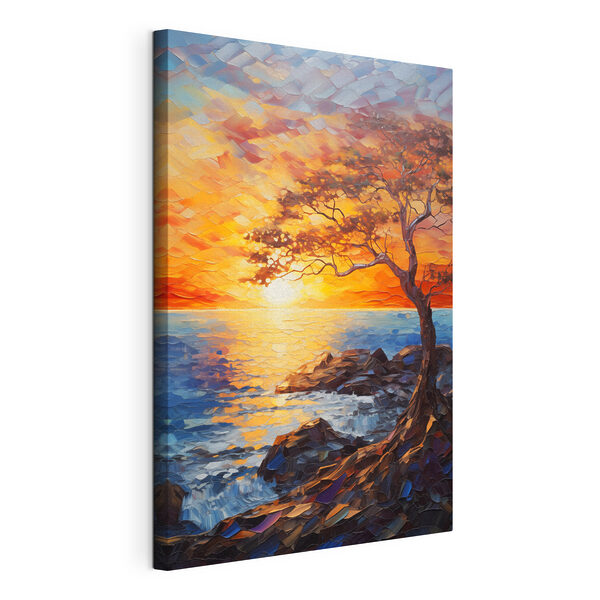 Tableaux Arbre sur un rivage rocheux avec un coucher de soleil derrière lui