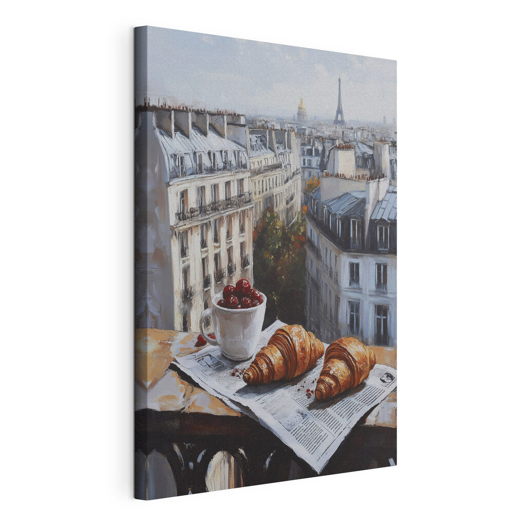 Cup of coffee and croissants on a table with buildings in the background Cup of coffee and croissants on a table with buildings in the background