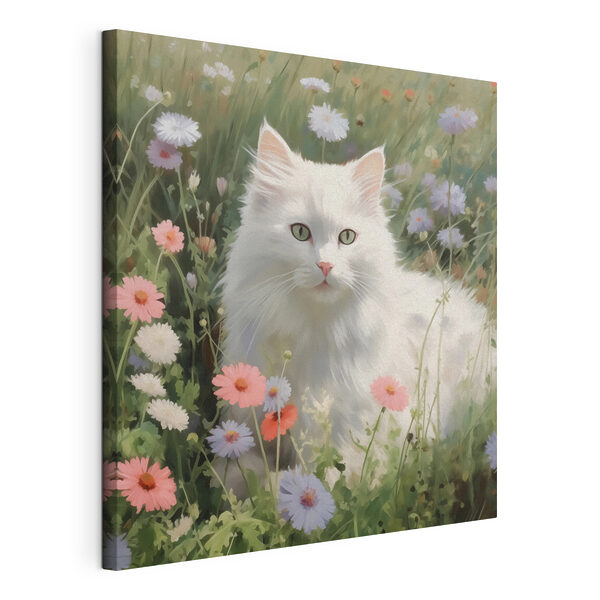 Chat blanc dans un champ de fleurs Tableaux Chat blanc dans un champ de fleurs