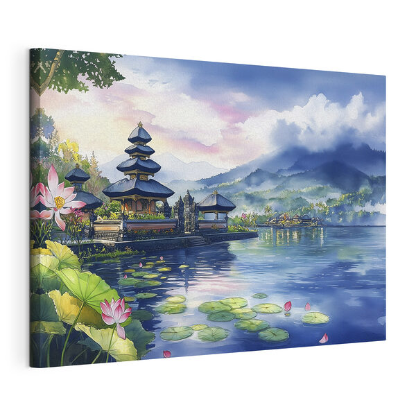 Aquarelle d'un lac avec une pagode et des nénuphars Tableaux Aquarelle d'un lac avec une pagode et des nénuphars