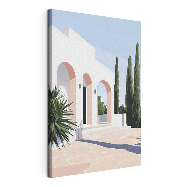 White building with pink arches and trees White building with pink arches and trees