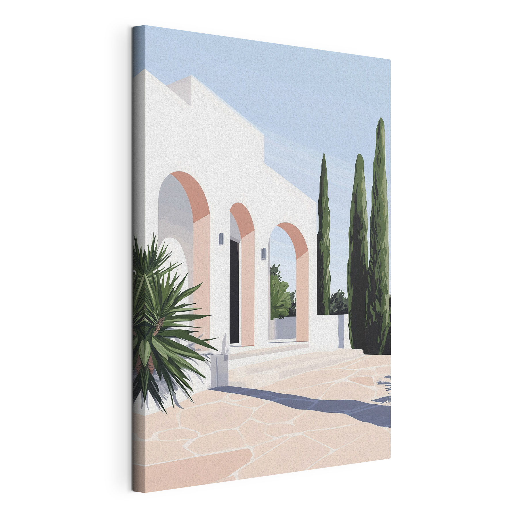 White building with pink arches and trees White building with pink arches and trees