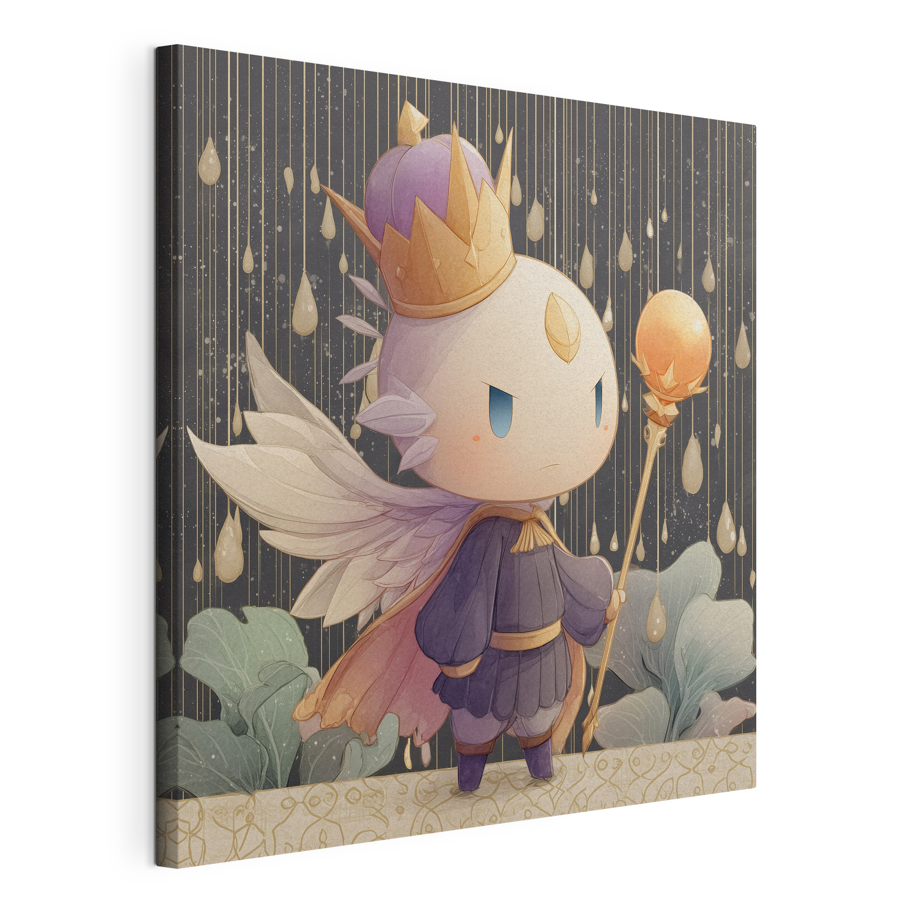 Cartoon of a little angel with wings and a crown holding a staff