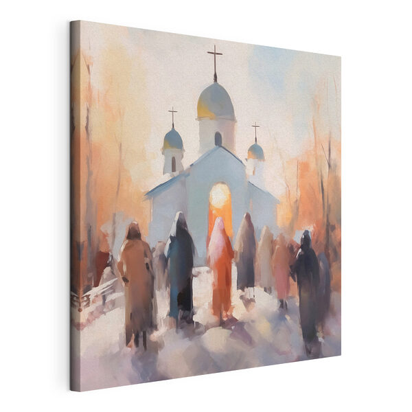 Tableaux Groupe de personnes marchant devant une église