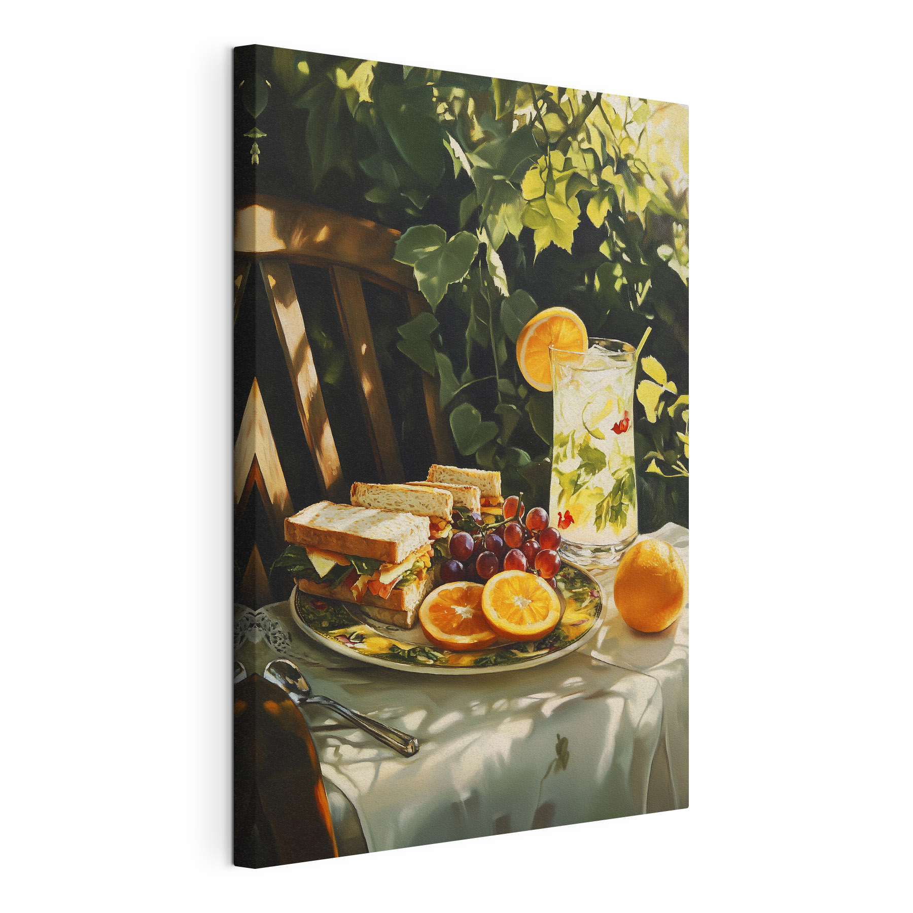 Plate of sandwiches and fruit on a table