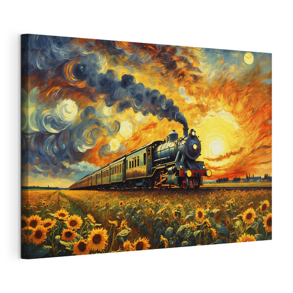 Tableaux Un train sur les rails, avec des tournesols et de la fumée s'échappant de la locomotive