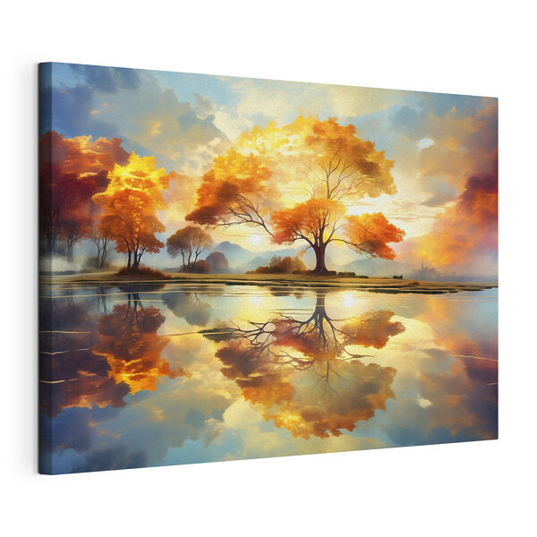 Tableaux Tableaux Un arbre dont les feuilles jaunes jonchent le sol, avec un plan d'eau à proximité (UGS : s47287)