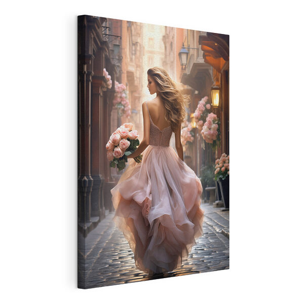 Tableaux Une femme en robe tenant des fleurs
