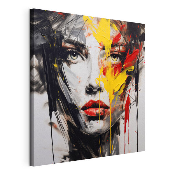 Tableaux Tableaux Peinture représentant le visage d'une femme, réalisée avec de la peinture rouge, jaune et noire (UGS : s48088)
