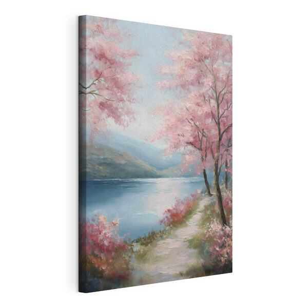 Tableaux Tableau représentant un lac, des arbres roses et des montagnes (UGS : s48289) Tableaux Tableaux Tableau représentant un lac, des arbres roses et des montagnes (UGS : s48289)