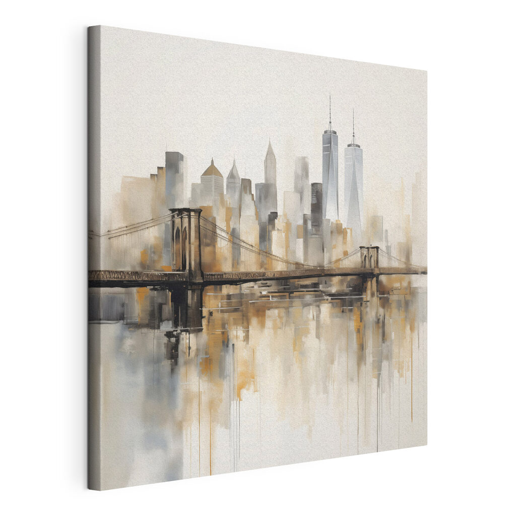 Bridge over water with city skyline in the background