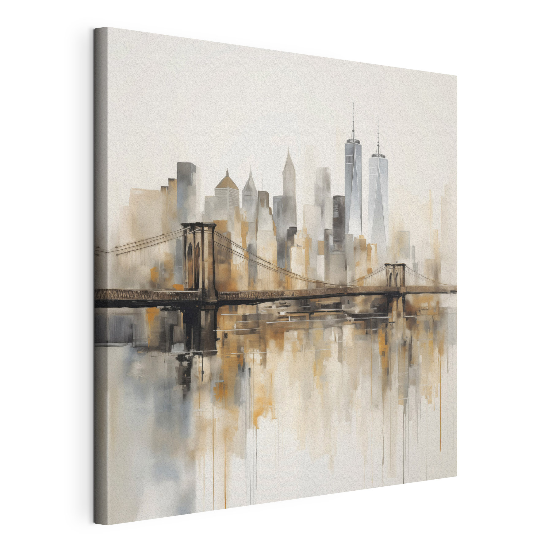 Bridge over water with city skyline in the background