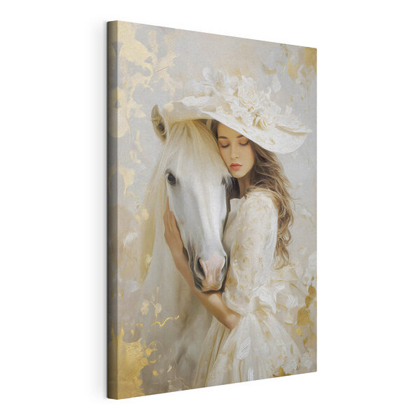 Tableaux Une femme en robe blanche et chapeau, en train d'enlacer un cheval
