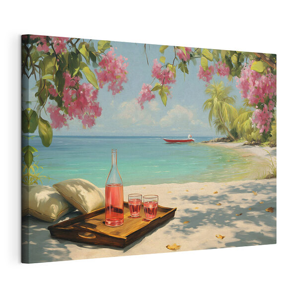 Tableaux Plateau avec des verres et une bouteille de liquide sur une plage (UGS : s48793) Tableaux Tableaux Plateau avec des verres et une bouteille de liquide sur une plage (UGS : s48793)