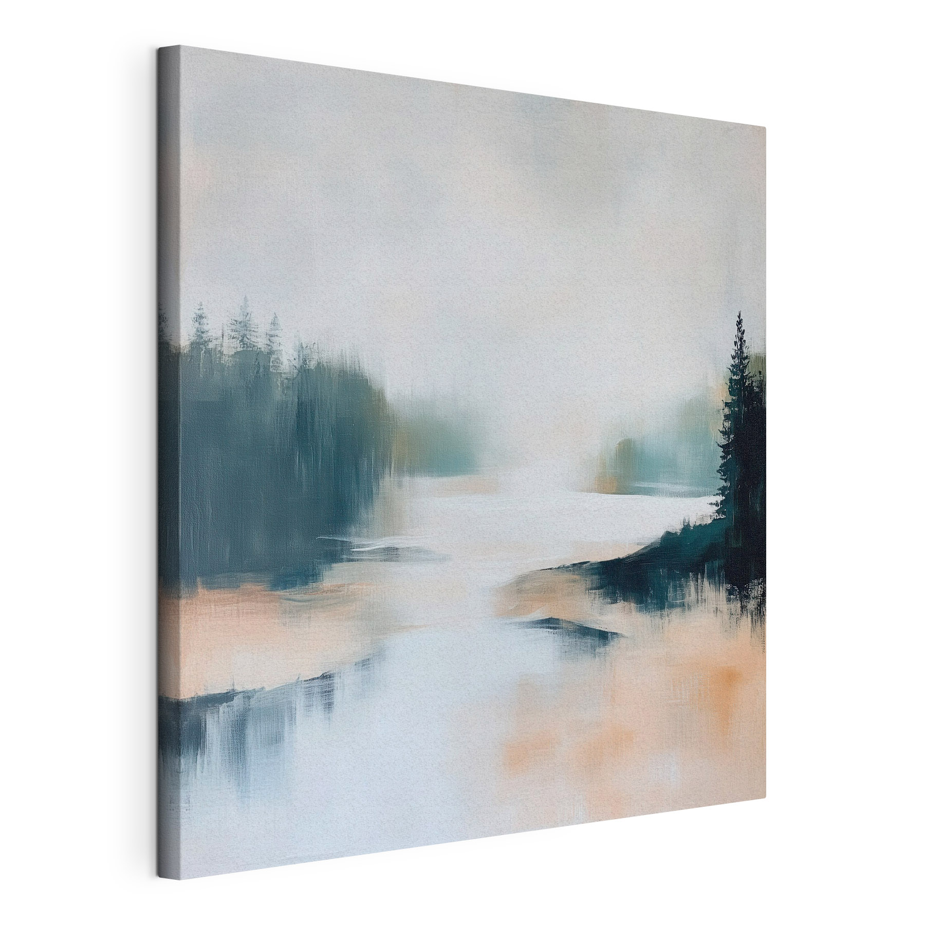 Painting of a river with trees and fog Painting of a river with trees and fog