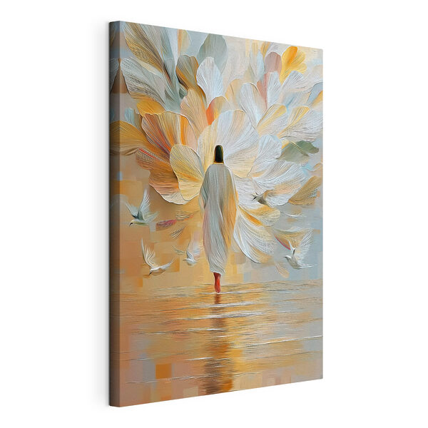 Tableaux Tableaux Une personne marchant dans l'eau, entourée d'oiseaux qui volent autour d'elle (UGS : s49084)