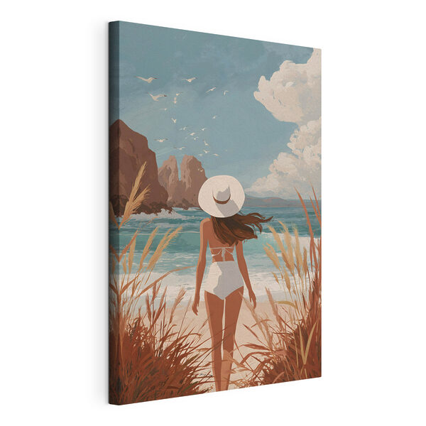 Tableaux Tableaux Une femme en maillot de bain et avec un chapeau, marchant sur une plage (UGS : s49253)