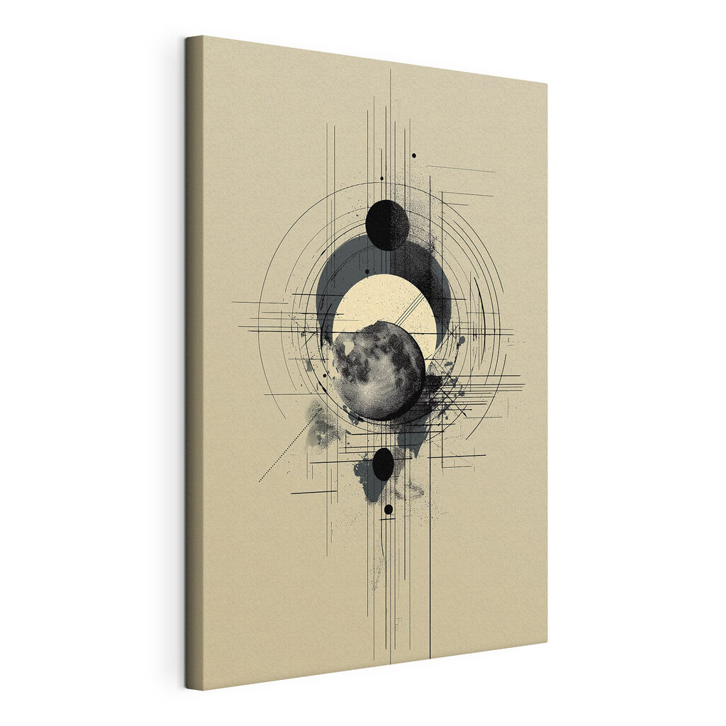 Black and white drawing of a moon and circles