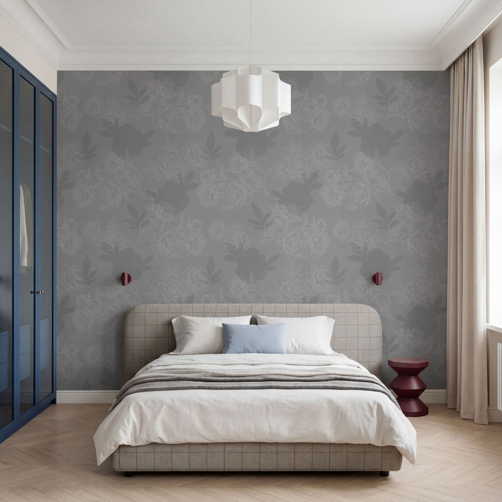 Motif floral gris et blanc