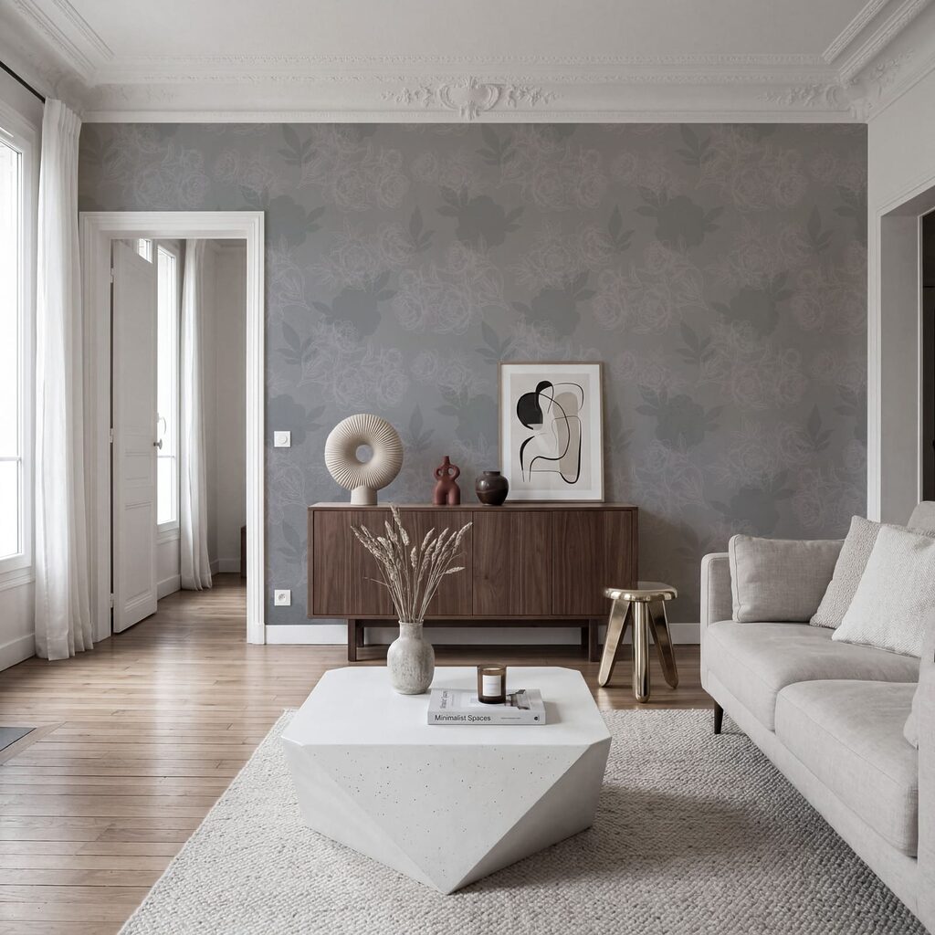 Motif floral gris et blanc