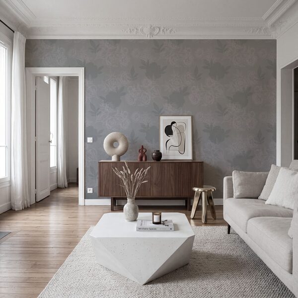 Motif floral gris et blanc
