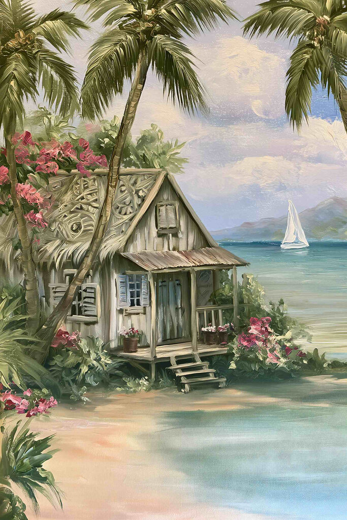 Painting of a house on a beach