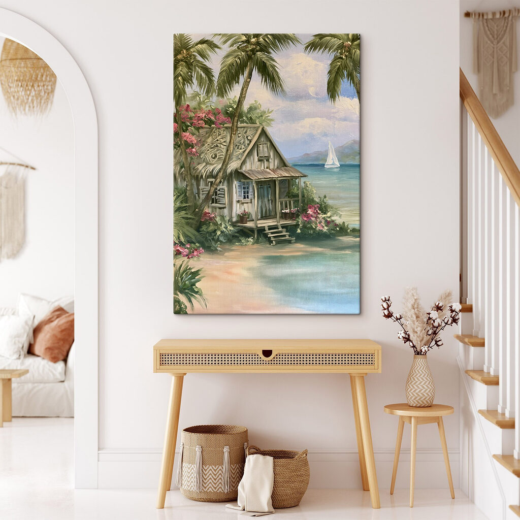 Painting of a house on a beach