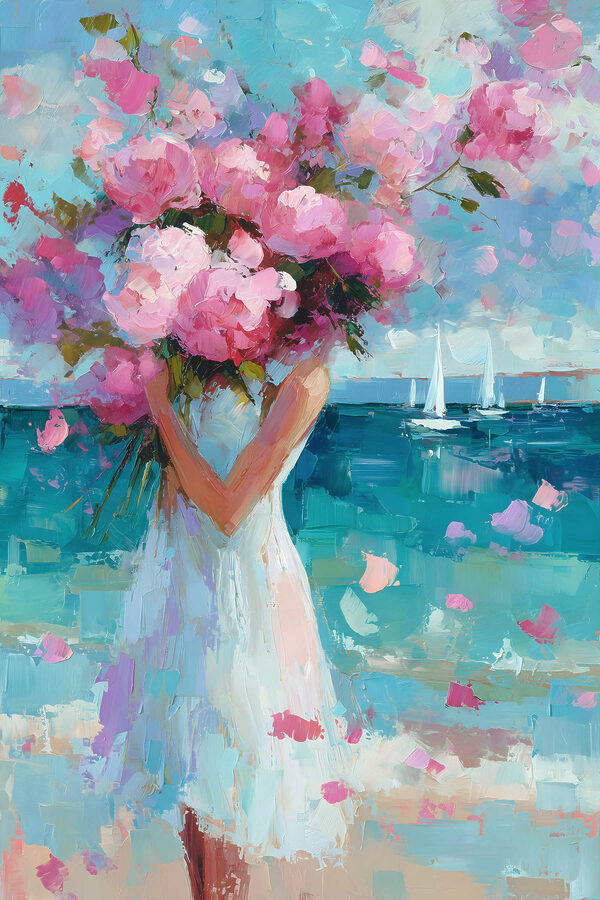 Painting of a woman holding a bouquet of flowers Painting of a woman holding a bouquet of flowers