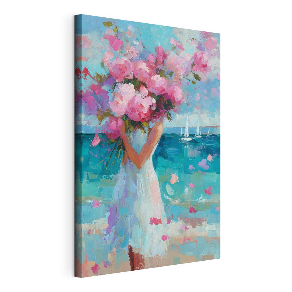 Painting of a woman holding a bouquet of flowers Painting of a woman holding a bouquet of flowers