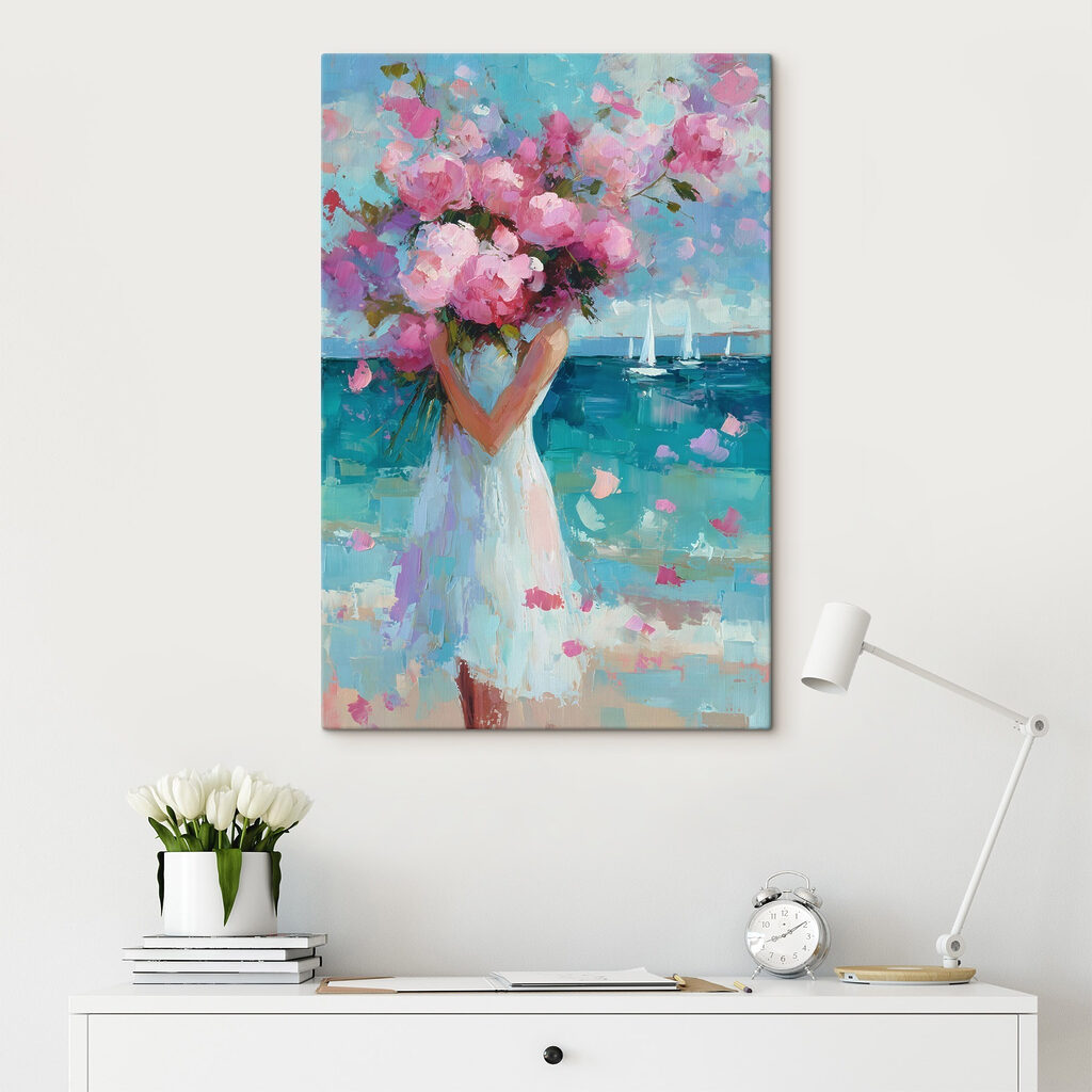 Painting of a woman holding a bouquet of flowers Painting of a woman holding a bouquet of flowers