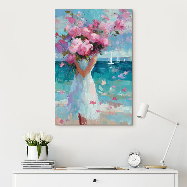 Painting of a woman holding a bouquet of flowers Painting of a woman holding a bouquet of flowers