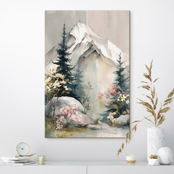 Painting of a mountain with trees and flowers Painting of a mountain with trees and flowers