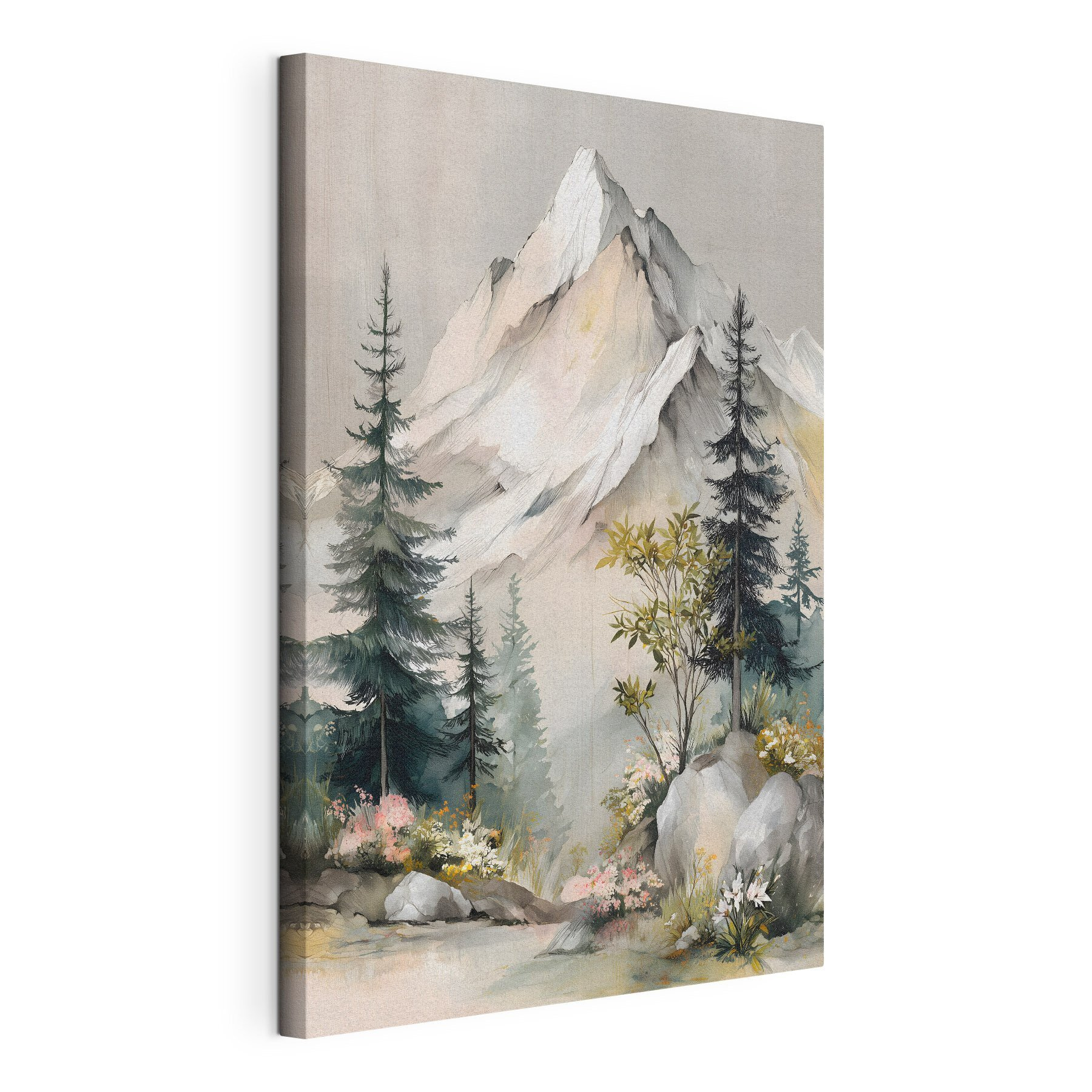 Painting of a mountain with trees and flowers Painting of a mountain with trees and flowers