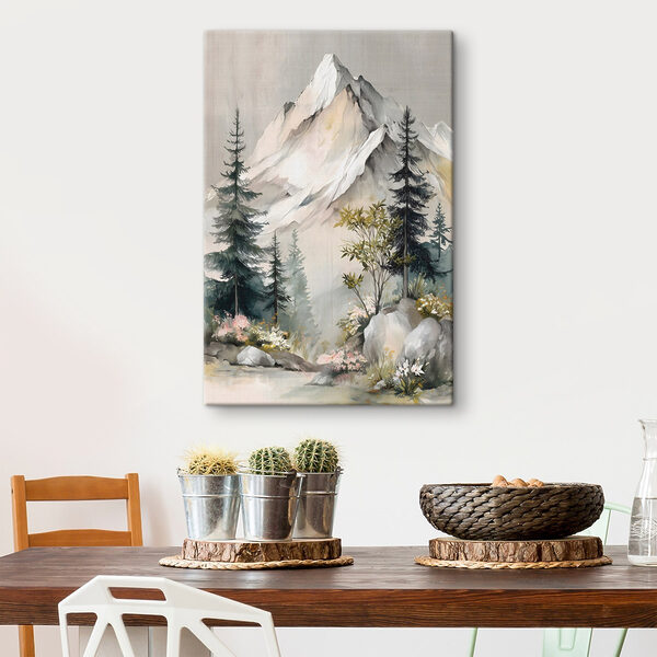 Painting of a mountain with trees and flowers Painting of a mountain with trees and flowers