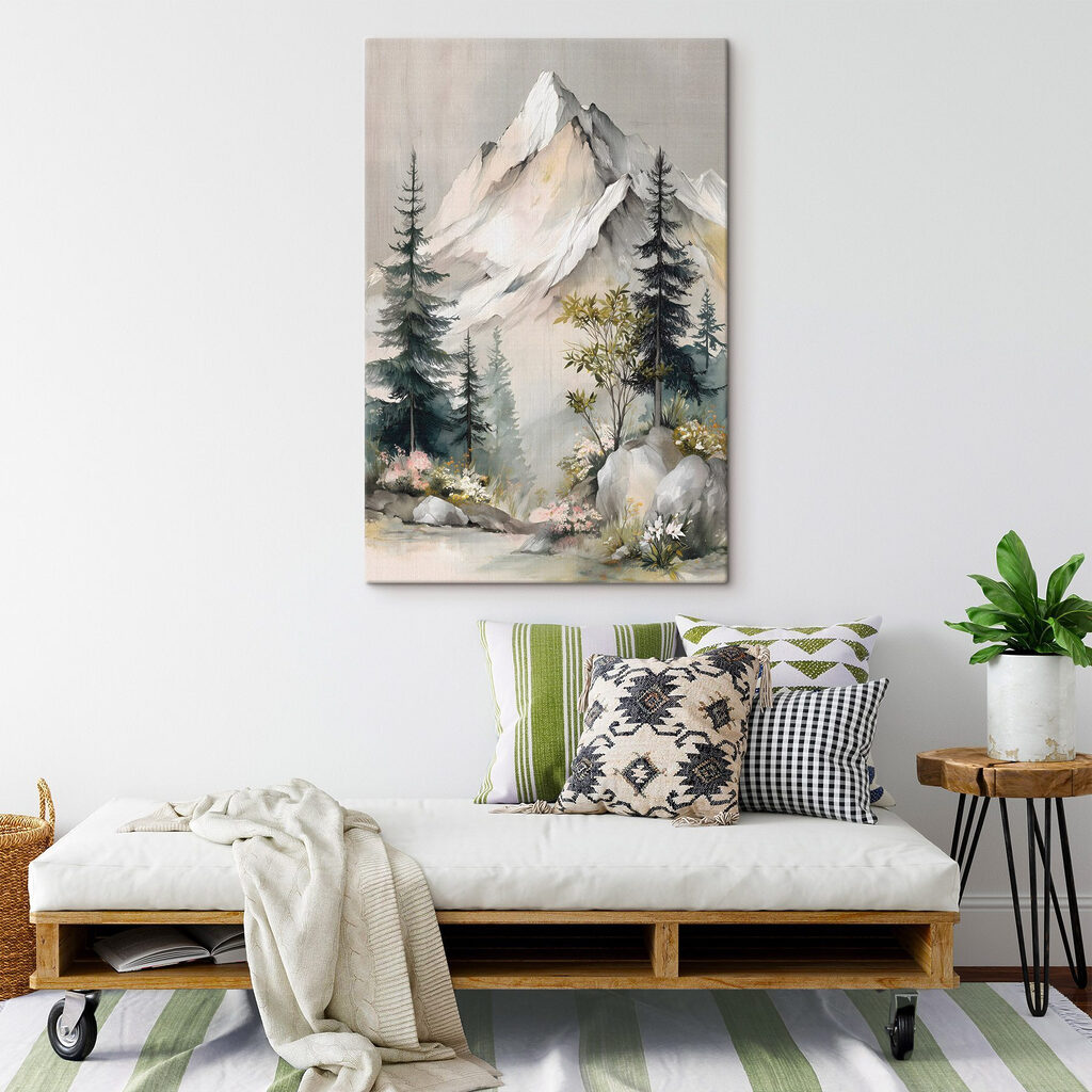 Painting of a mountain with trees and flowers Painting of a mountain with trees and flowers